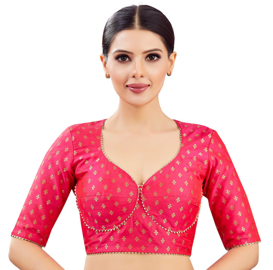 Studio Shringaar Women's Pink Brocade Sweetheart Neck Padded Saree Blouse (Design 2832)