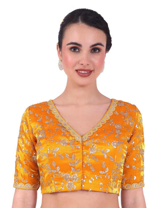 Studio Shringaar Women's Yellow Organza Embroidered Saree Blouse (Design 2836)