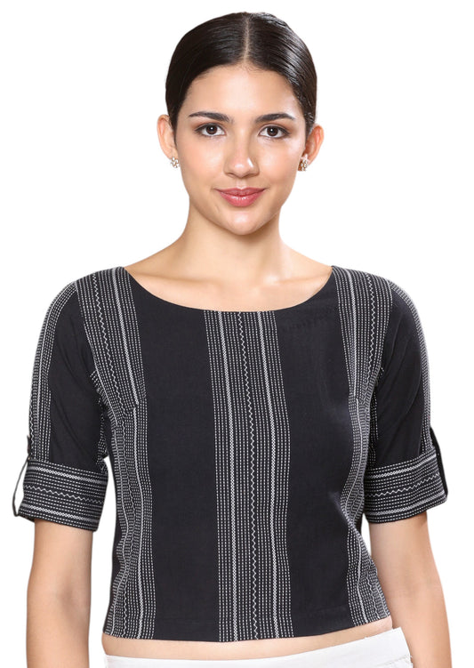 Studio Shringaar Women's Black Handloom Cotton Croptop Saree Blouse (Design 2843)