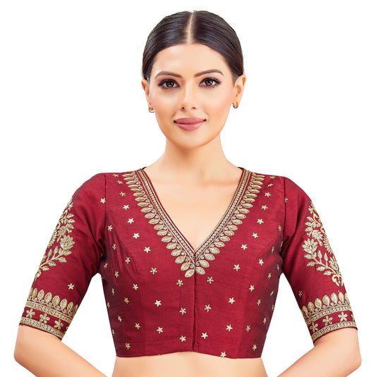 Studio Shringaar Women's Maroon V-Neck Embroidered Wedding Saree Blouse (Design 2844)