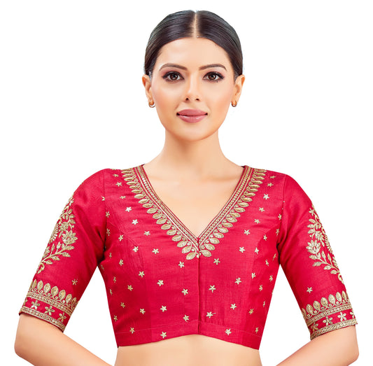 Studio Shringaar Women's Pink V-Neck Embroidered Wedding Saree Blouse (Design 2844)