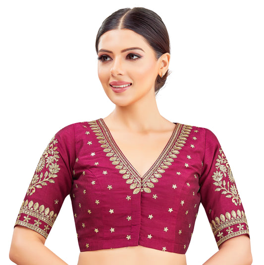 Studio Shringaar Women's Wine V-Neck Embroidered Wedding Saree Blouse (Design 2844)