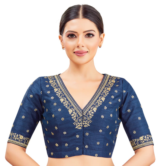 Studio Shringaar Women's Navy Blue Embroidered Wedding Saree Blouse (Design 2847)