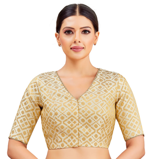 Studio Shringaar Women's Cream Benaras Brocade V-Neck Readymade Saree Blouse (Design 2850)