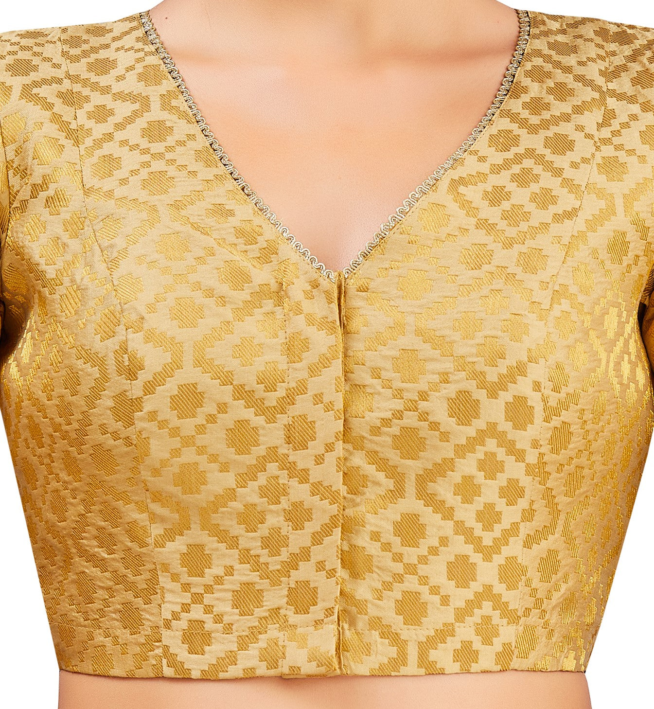 Studio Shringaar Women's Gold Benaras Brocade V-Neck Readymade Saree Blouse (Design 2850)
