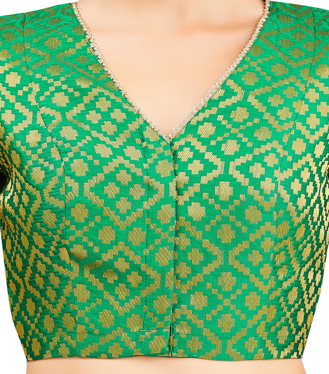 Studio Shringaar Women's Green Benaras Brocade V-Neck Readymade Saree Blouse (Design 2850)
