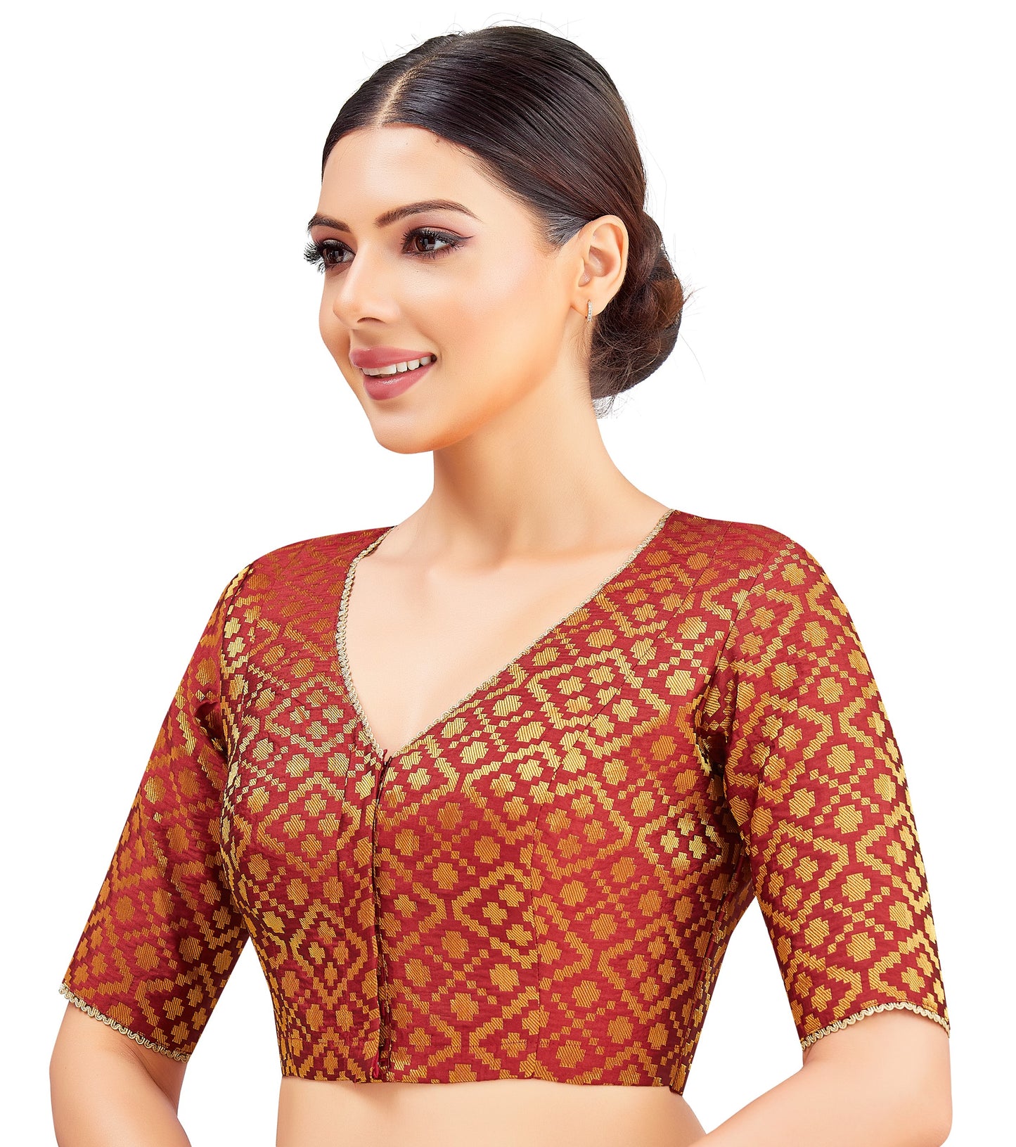 Studio Shringaar Women's Maroon Benaras Brocade V-Neck Readymade Saree Blouse (Design 2850)