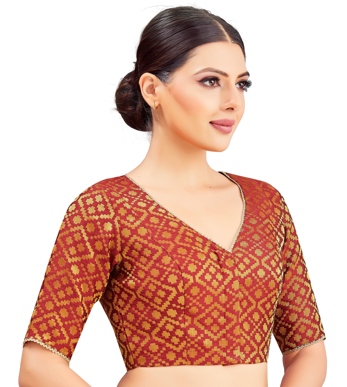 Studio Shringaar Women's Maroon Benaras Brocade V-Neck Readymade Saree Blouse (Design 2850)