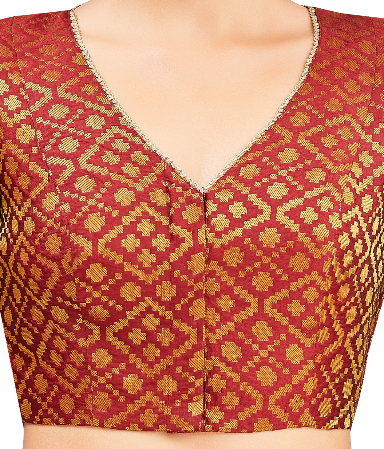 Studio Shringaar Women's Maroon Benaras Brocade V-Neck Readymade Saree Blouse (Design 2850)