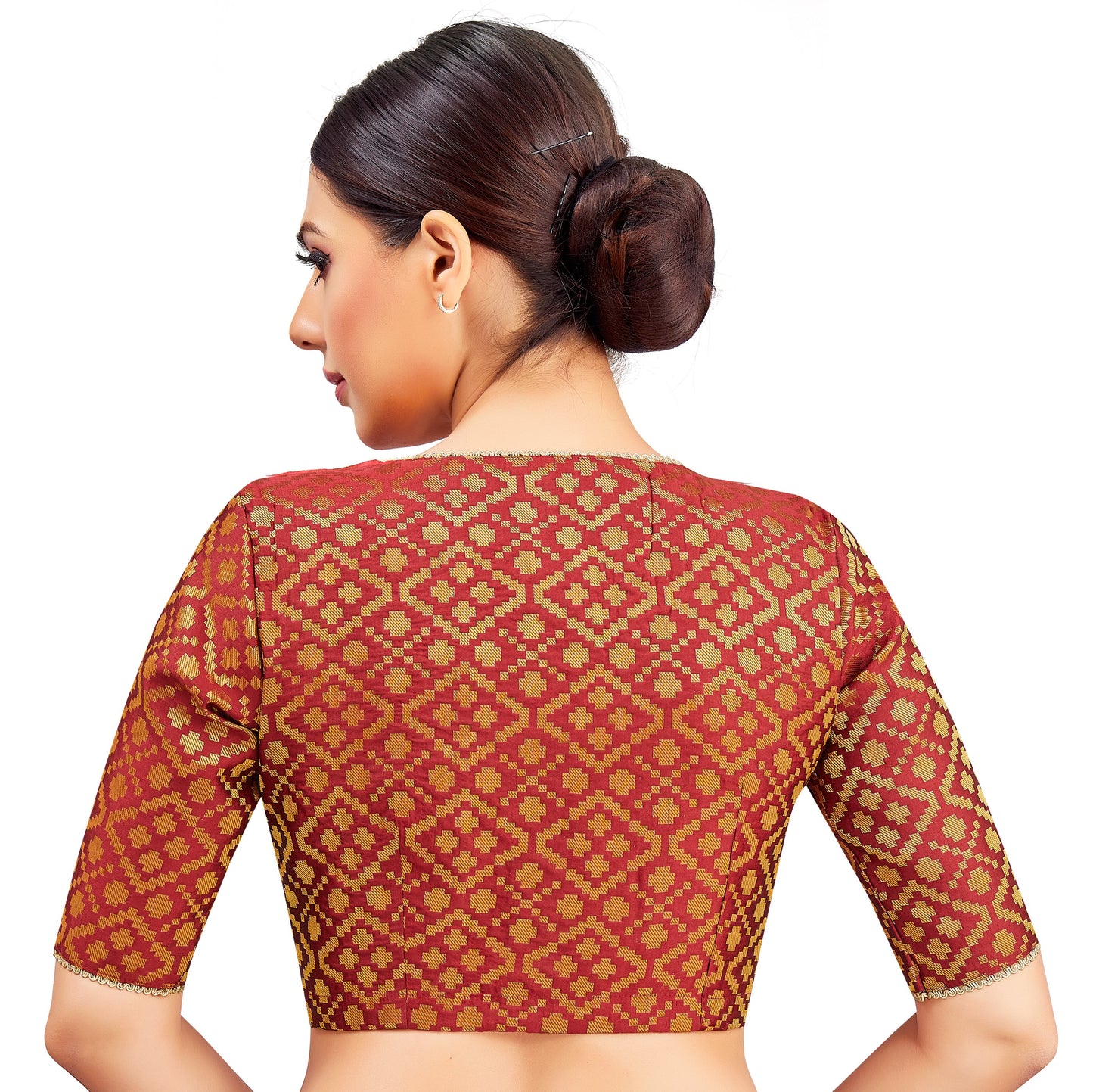 Studio Shringaar Women's Maroon Benaras Brocade V-Neck Readymade Saree Blouse (Design 2850)