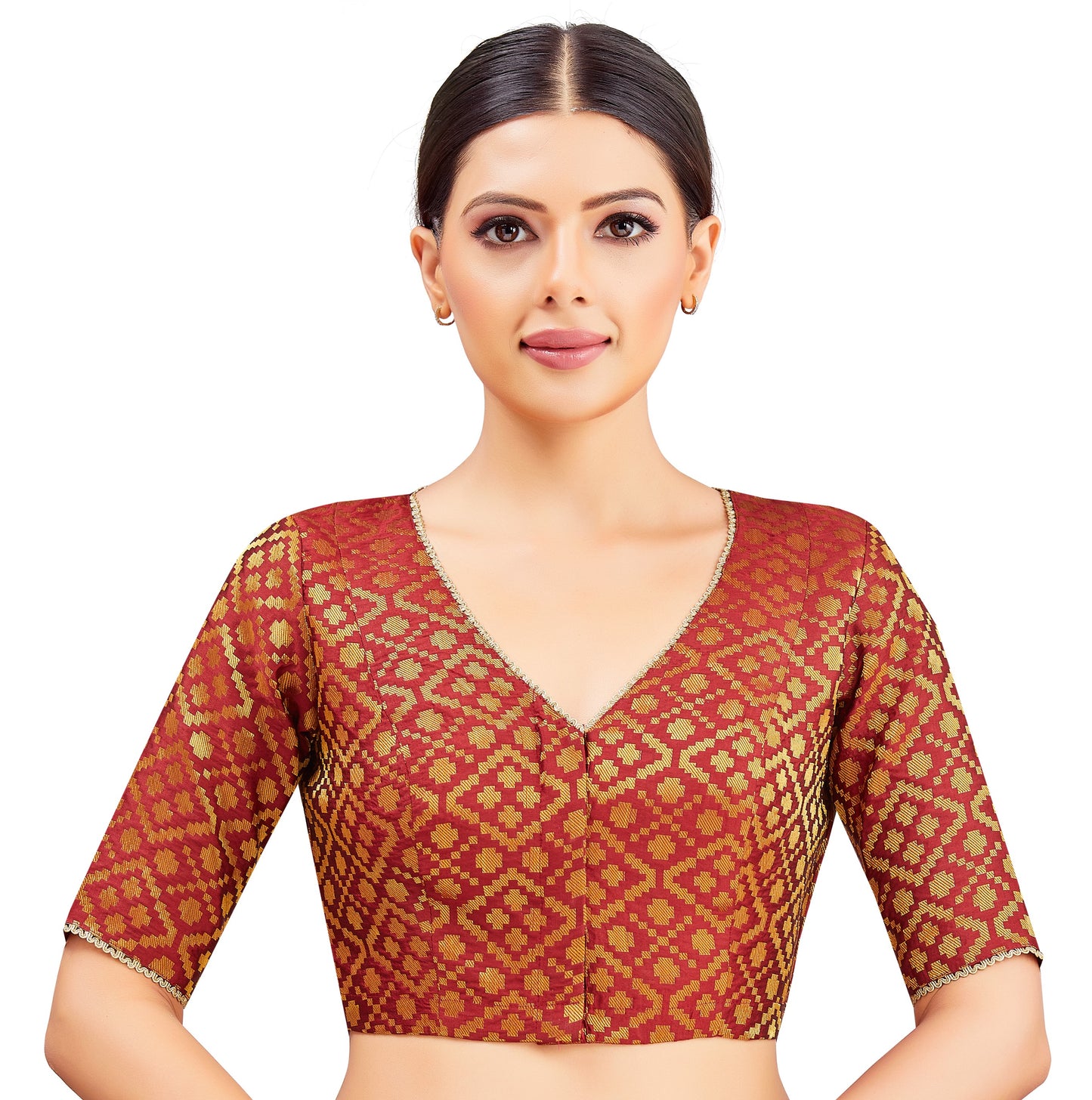 Studio Shringaar Women's Maroon Benaras Brocade V-Neck Readymade Saree Blouse (Design 2850)