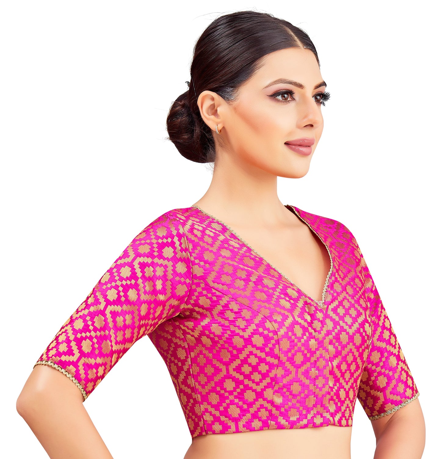 Studio Shringaar Women's Pink Benaras Brocade V-Neck Readymade Saree Blouse (Design 2850)