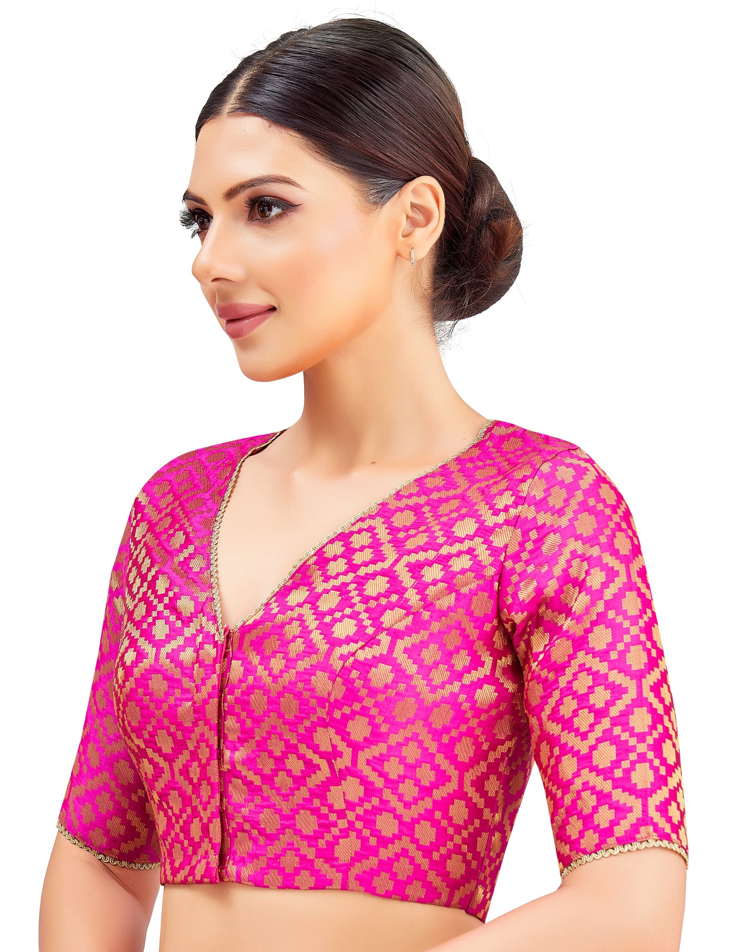 Studio Shringaar Women's Pink Benaras Brocade V-Neck Readymade Saree Blouse (Design 2850)