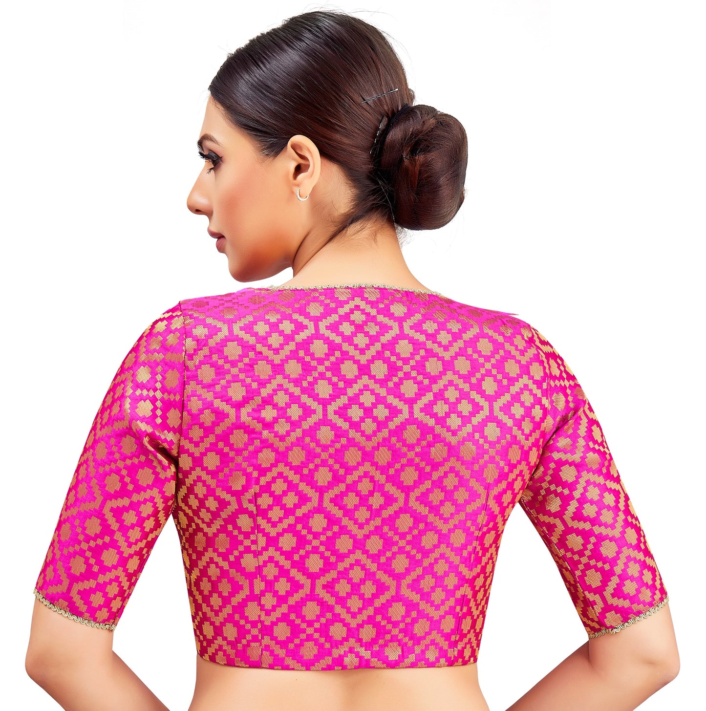 Studio Shringaar Women's Pink Benaras Brocade V-Neck Readymade Saree Blouse (Design 2850)