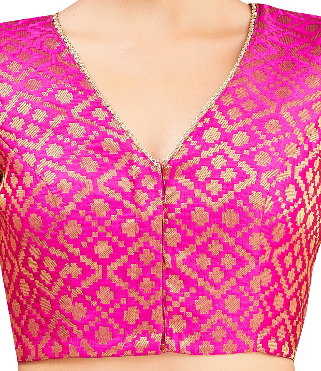 Studio Shringaar Women's Pink Benaras Brocade V-Neck Readymade Saree Blouse (Design 2850)