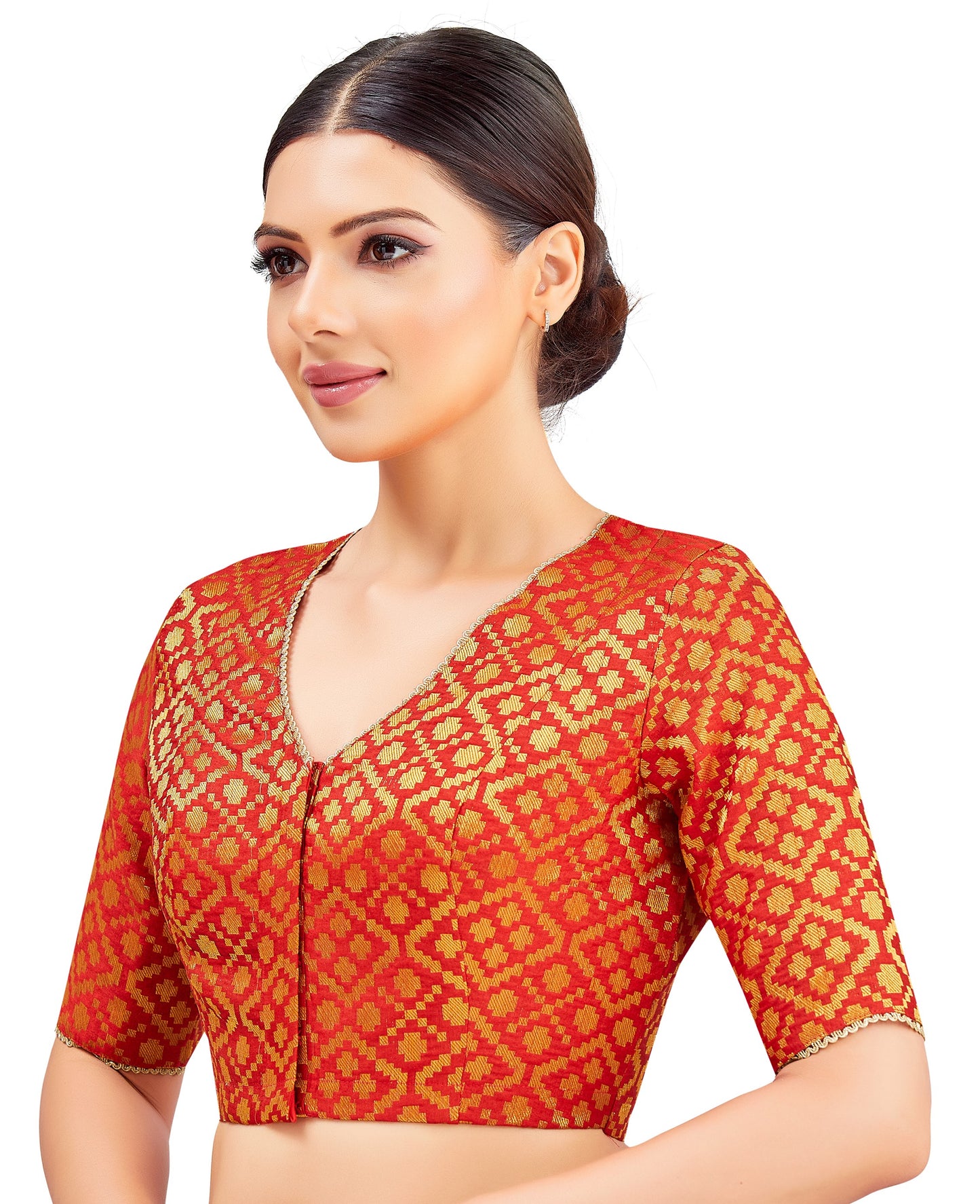 Studio Shringaar Women's Red Benaras Brocade V-Neck Readymade Saree Blouse (Design 2850)