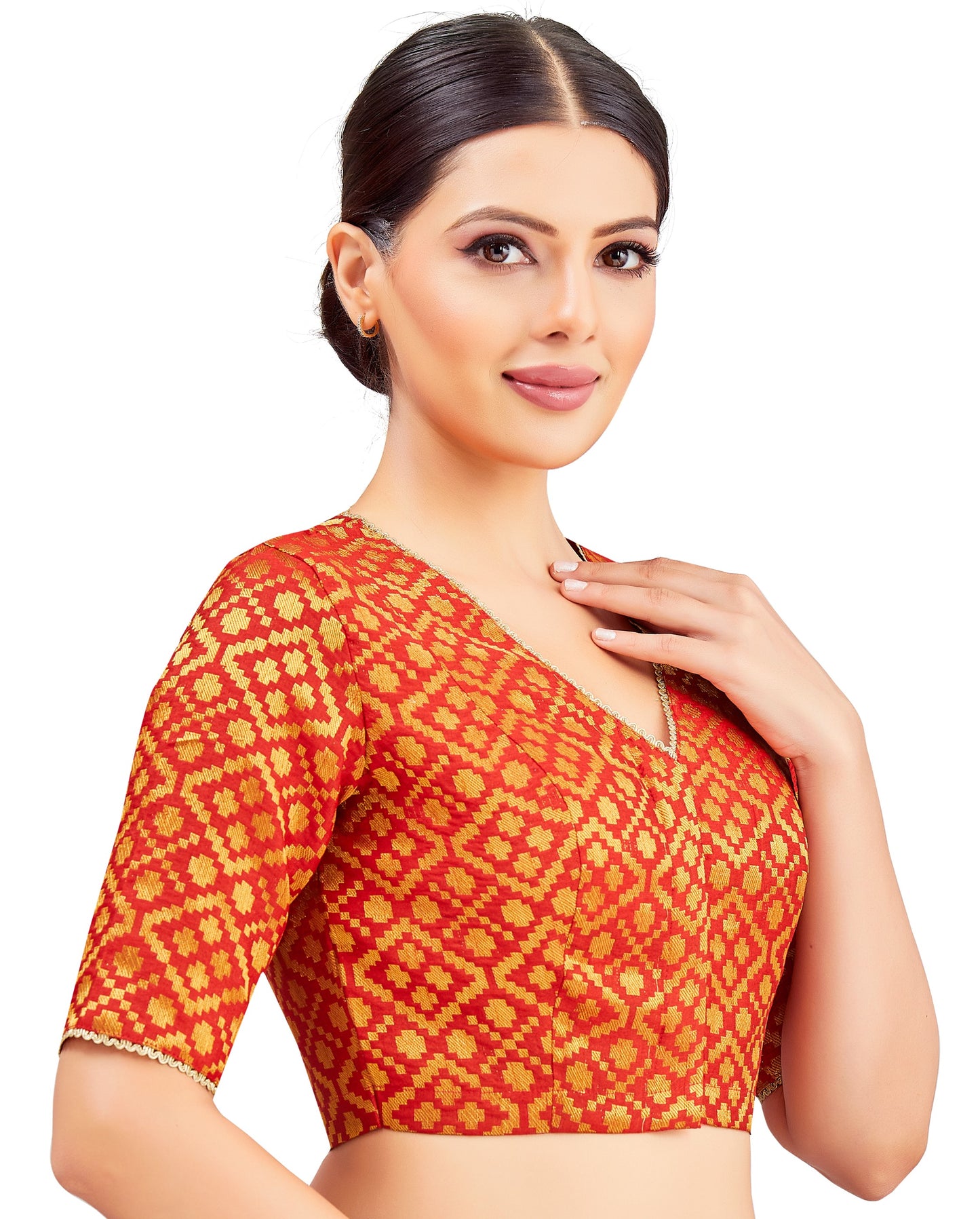 Studio Shringaar Women's Red Benaras Brocade V-Neck Readymade Saree Blouse (Design 2850)