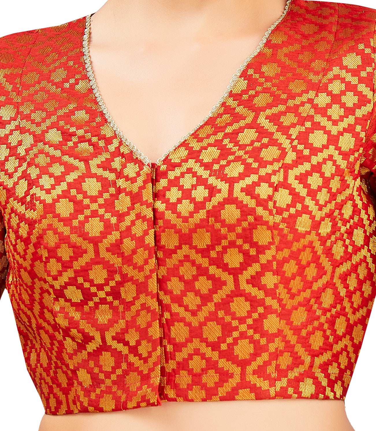 Studio Shringaar Women's Red Benaras Brocade V-Neck Readymade Saree Blouse (Design 2850)