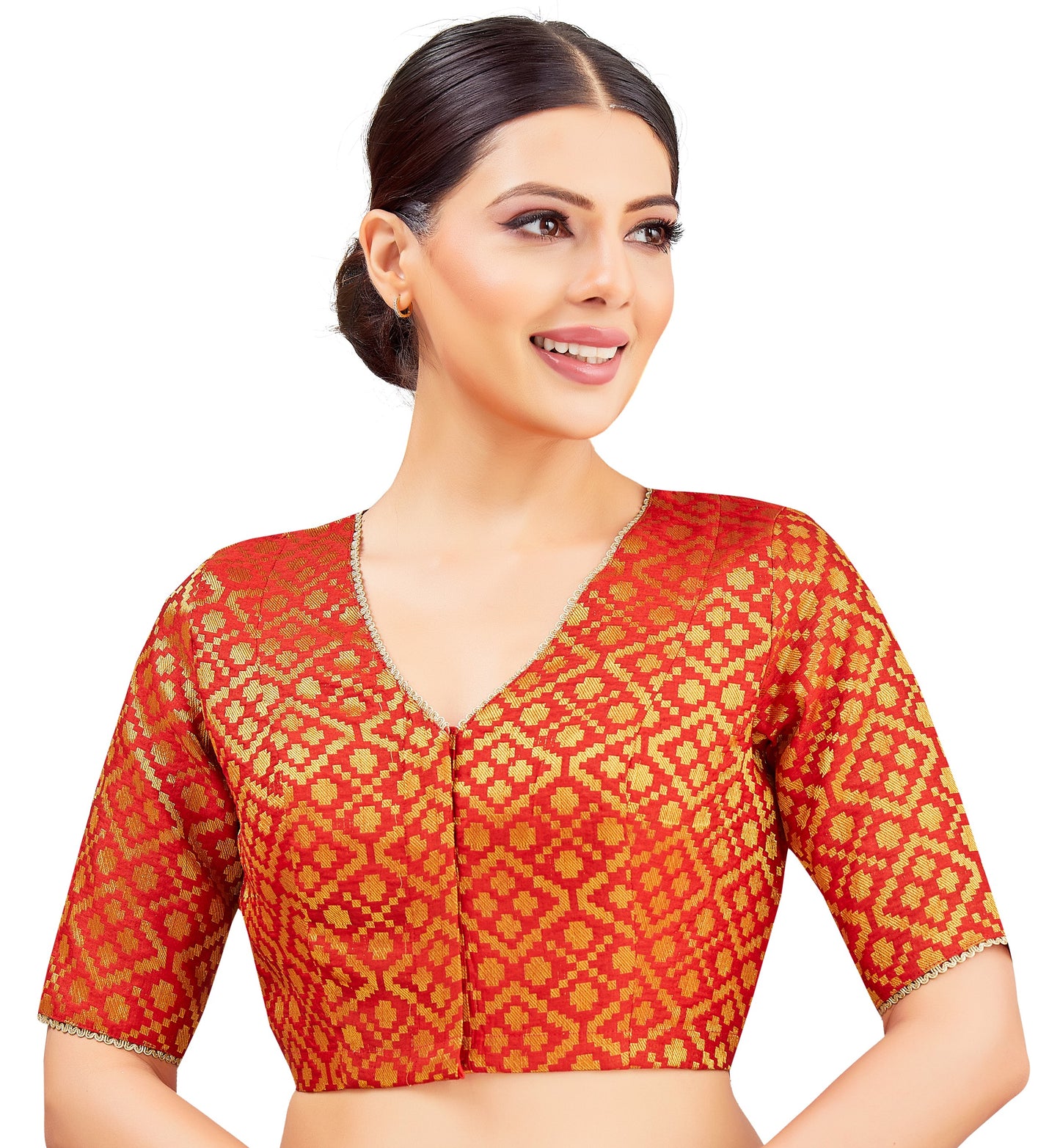 Studio Shringaar Women's Red Benaras Brocade V-Neck Readymade Saree Blouse (Design 2850)