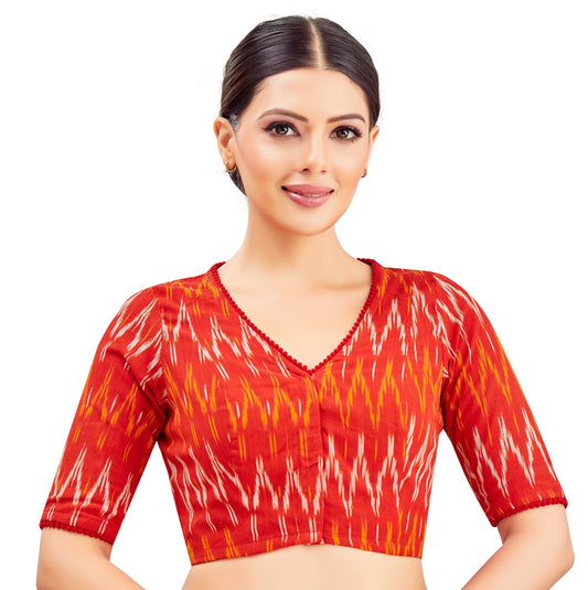 Studio Shringaar Women's Brick Red Pure Cotton Ikat Readymade Saree Blouse (Design 2851)
