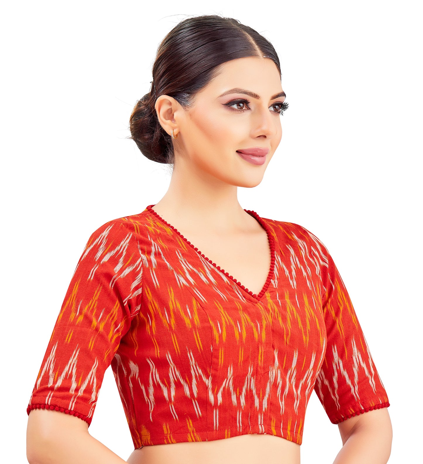 Studio Shringaar Women's Brick Red Pure Cotton Ikat Readymade Saree Blouse (Design 2851)