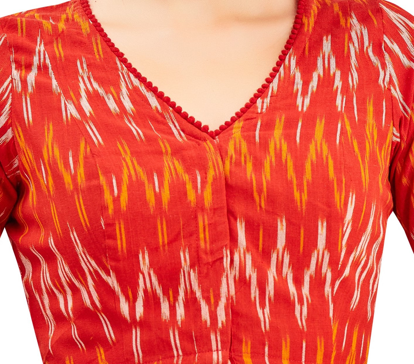Studio Shringaar Women's Brick Red Pure Cotton Ikat Readymade Saree Blouse (Design 2851)