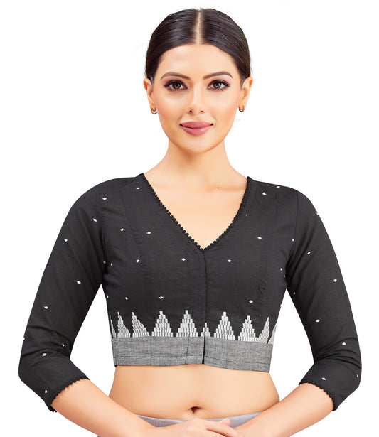 Studio Shringaar Women's Black Cotton Temple Border Readymade Saree Blouse (Design 2852)