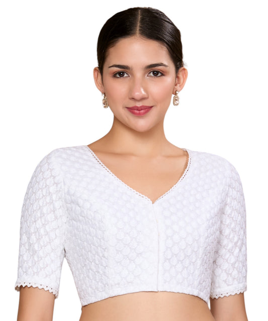 Studio Shringaar Women's White Lucknowi Chikankari Readymade Saree Blouse (Design 2858)