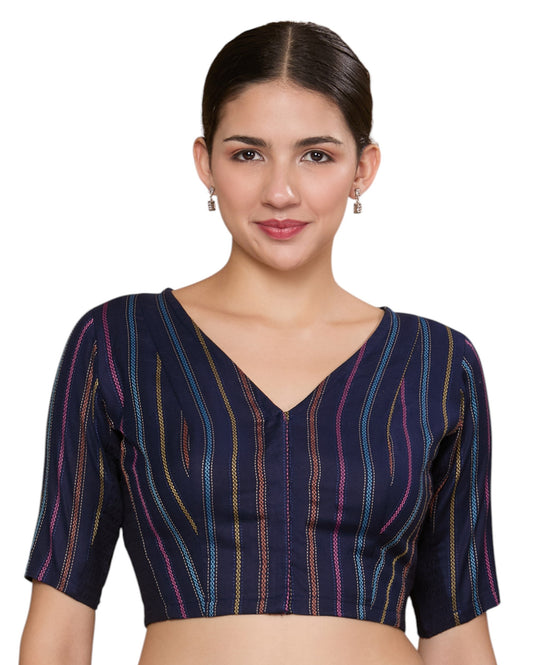 Studio Shringaar Women's Navy Blue Cotton Handloom Stripes Stretchable (Smocked) Readymade Saree Blouse (Design 2859)