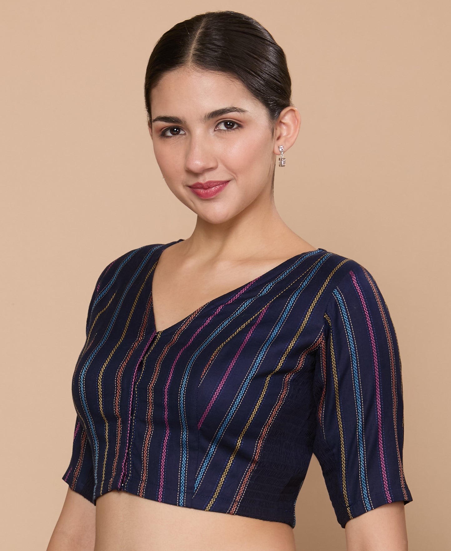 Studio Shringaar Women's Navy Blue Cotton Handloom Stripes Stretchable (Smocked) Readymade Saree Blouse (Design 2859)