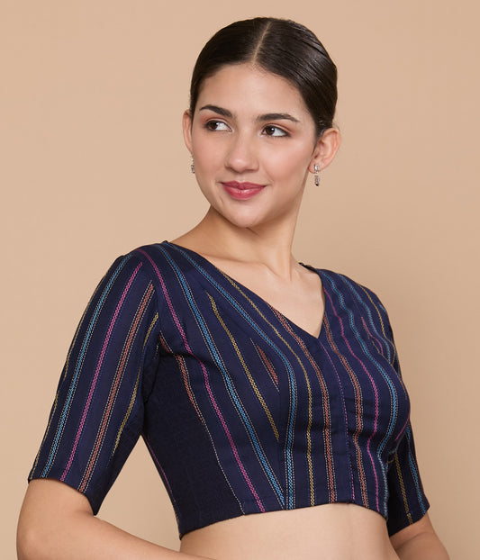 Studio Shringaar Women's Navy Blue Cotton Handloom Stripes Stretchable (Smocked) Readymade Saree Blouse (Design 2859)