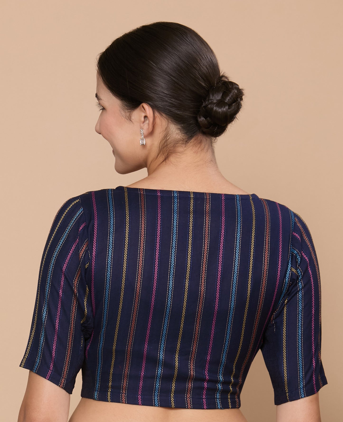 Studio Shringaar Women's Navy Blue Cotton Handloom Stripes Stretchable (Smocked) Readymade Saree Blouse (Design 2859)