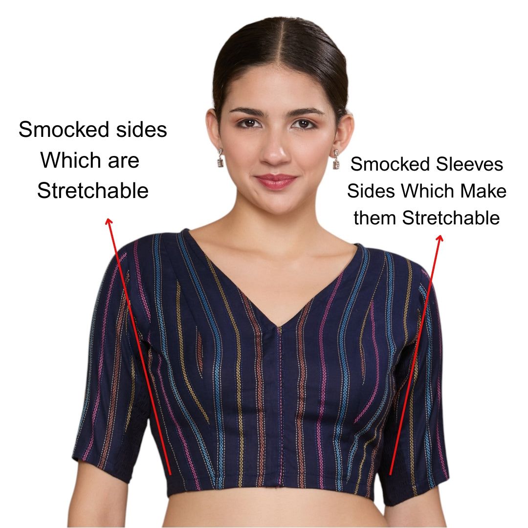 Studio Shringaar Women's Navy Blue Cotton Handloom Stripes Stretchable (Smocked) Readymade Saree Blouse (Design 2859)