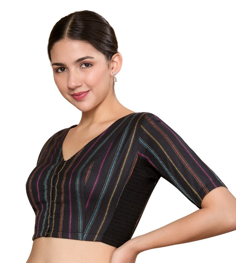 Studio Shringaar Women's Black Cotton Handloom Stripes Stretchable (Smocked) Readymade Saree Blouse (Design 2859)