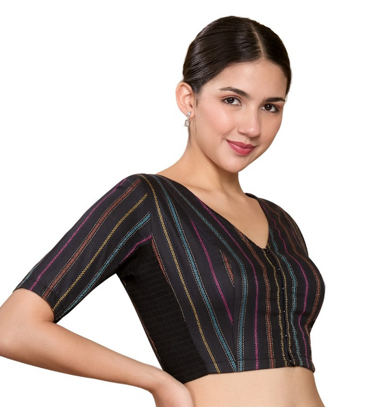 Studio Shringaar Women's Black Cotton Handloom Stripes Stretchable (Smocked) Readymade Saree Blouse (Design 2859)