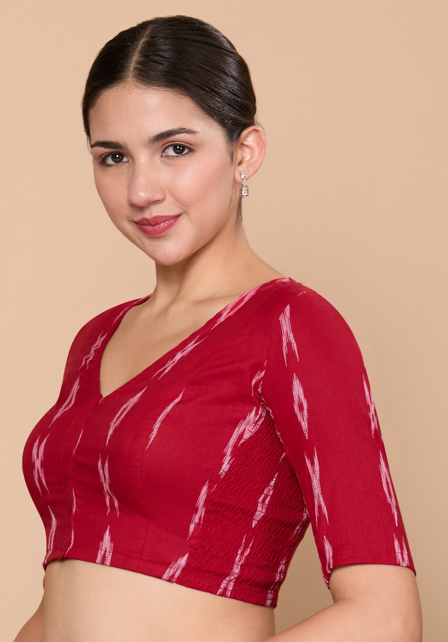 Studio Shringaar Women's Maroon Cotton Ikat Stretchable (Smocked) Readymade Saree Blouse(Design 2860)