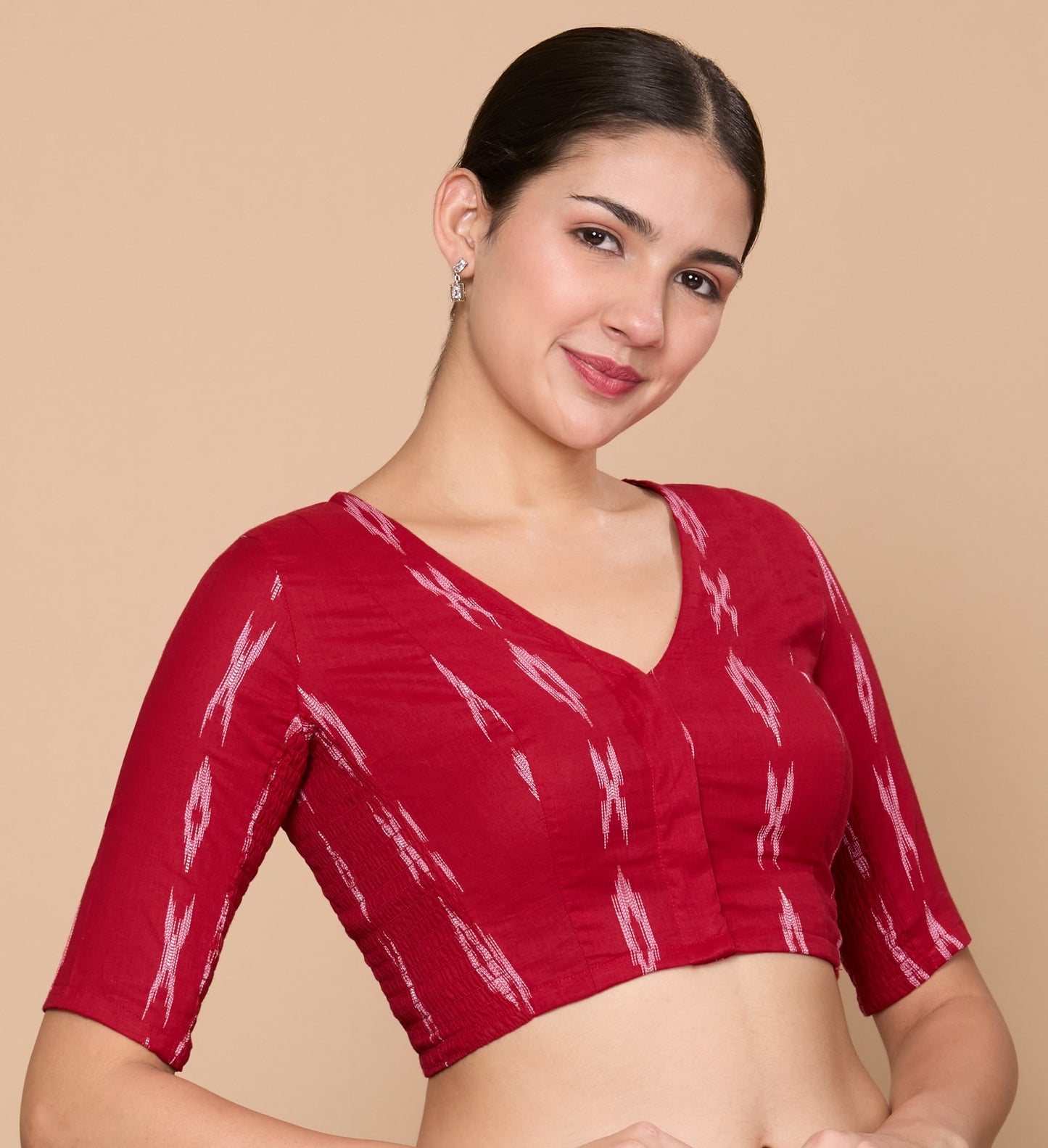 Studio Shringaar Women's Maroon Cotton Ikat Stretchable (Smocked) Readymade Saree Blouse(Design 2860)