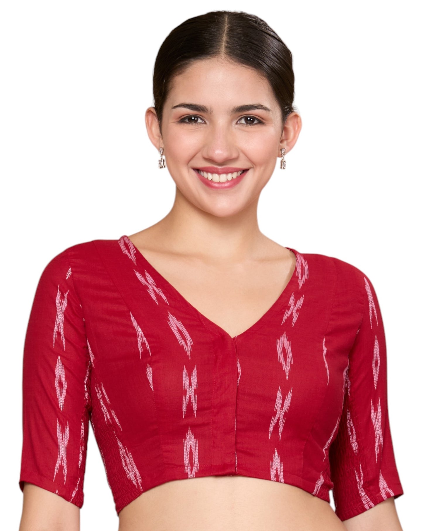 Studio Shringaar Women's Maroon Cotton Ikat Stretchable (Smocked) Readymade Saree Blouse(Design 2860)