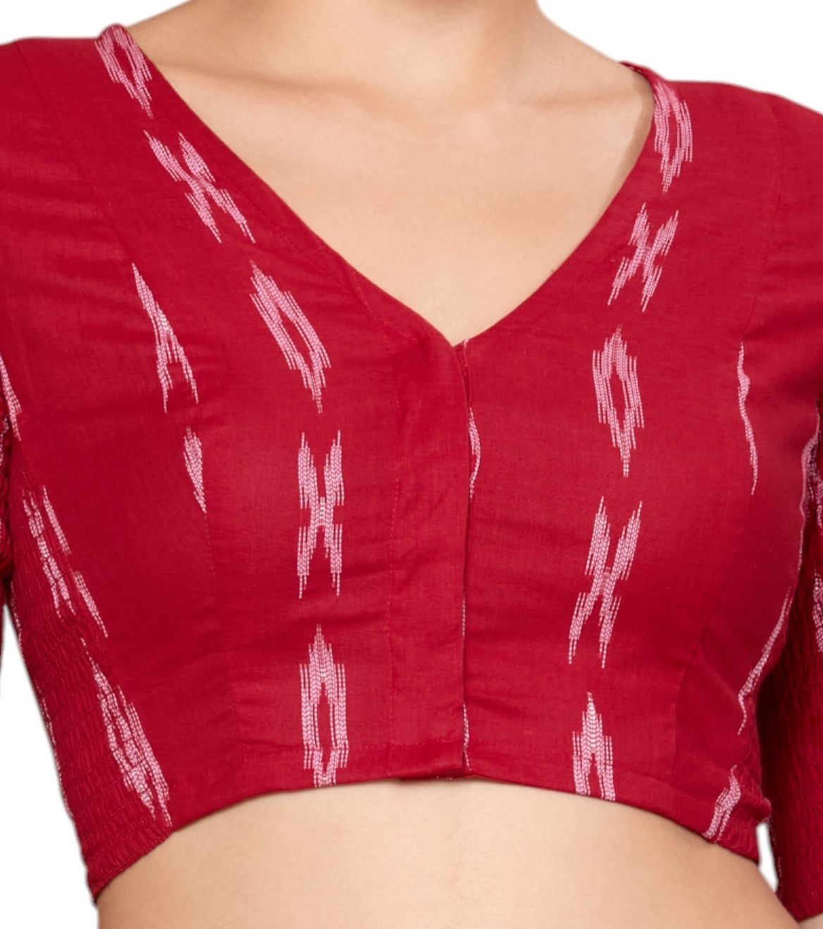 Studio Shringaar Women's Maroon Cotton Ikat Stretchable (Smocked) Readymade Saree Blouse(Design 2860)