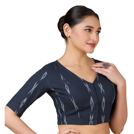 Studio Shringaar Women's Navy Blue Cotton Ikat Stretchable (Smocked) Readymade Saree Blouse(Design 2860)