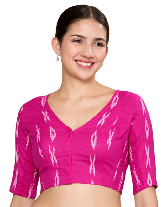 Studio Shringaar Women's Pink Cotton Ikat Stretchable (Smocked) Readymade Saree Blouse(Design 2860)