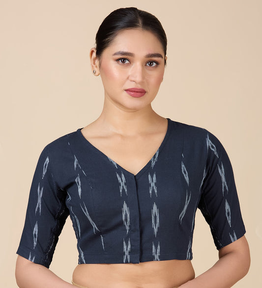 Studio Shringaar Women's Navy Blue Cotton Ikat Stretchable (Smocked) Readymade Saree Blouse(Design 2860)