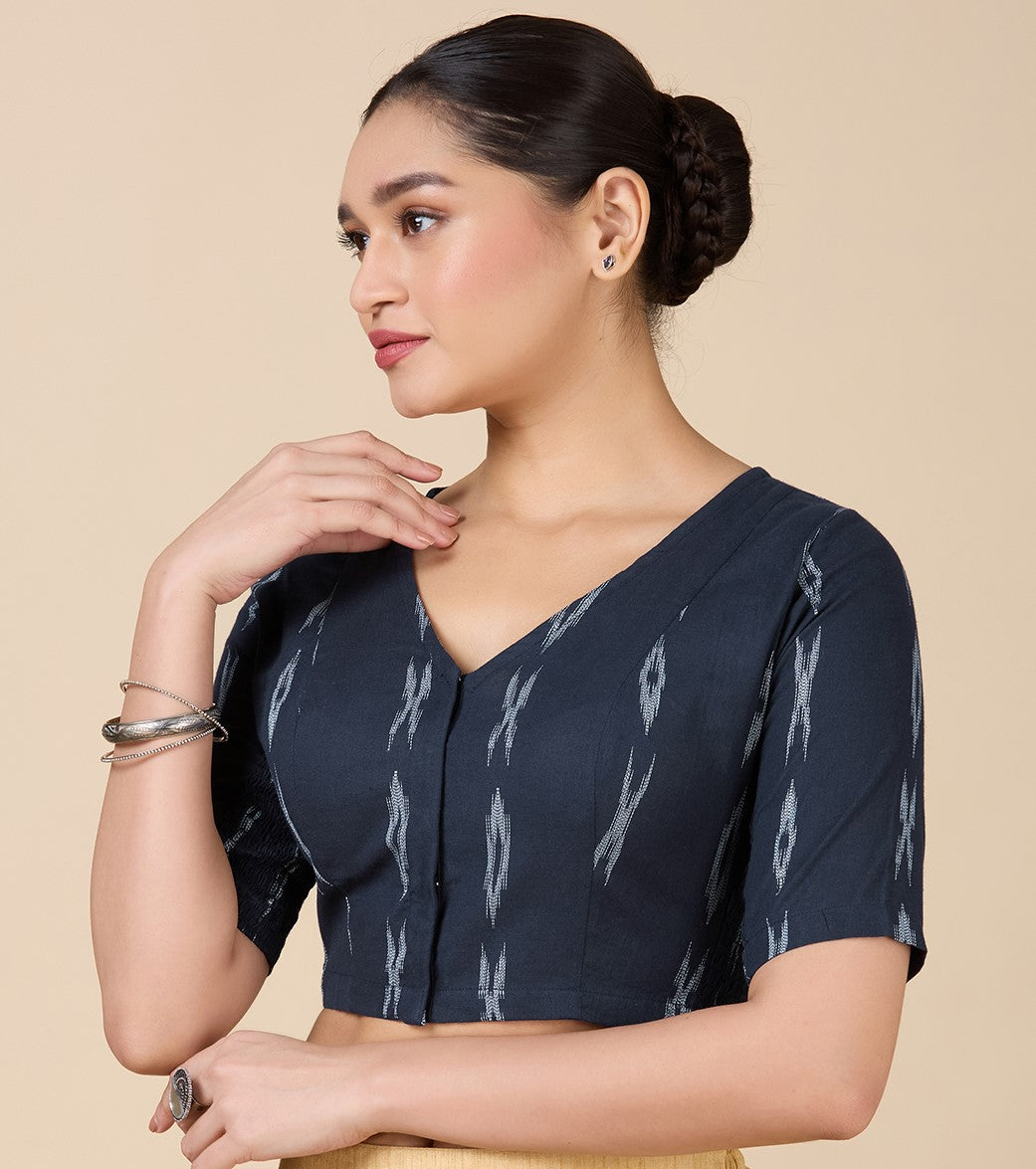 Studio Shringaar Women's Navy Blue Cotton Ikat Stretchable (Smocked) Readymade Saree Blouse(Design 2860)