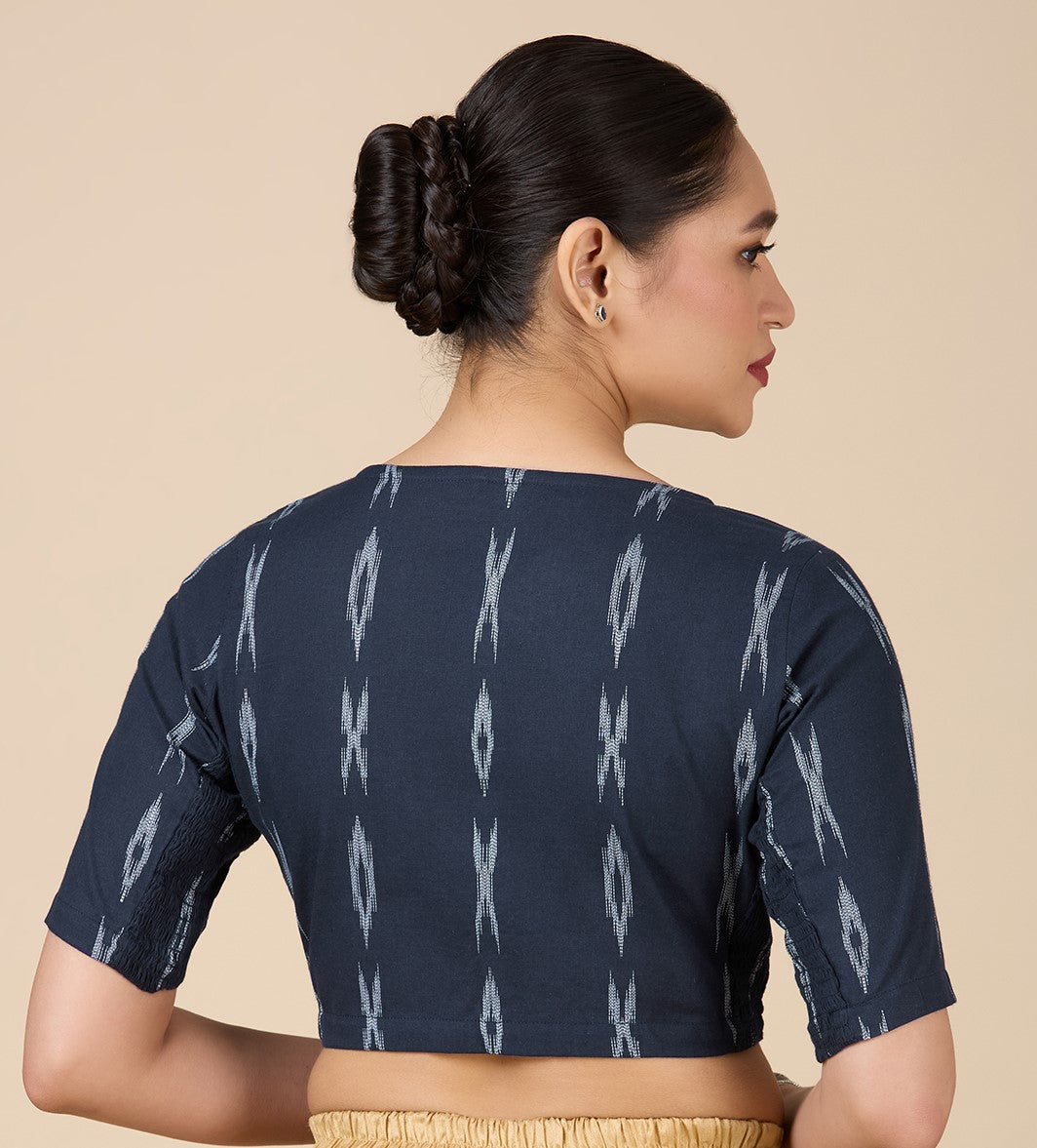 Studio Shringaar Women's Navy Blue Cotton Ikat Stretchable (Smocked) Readymade Saree Blouse(Design 2860)