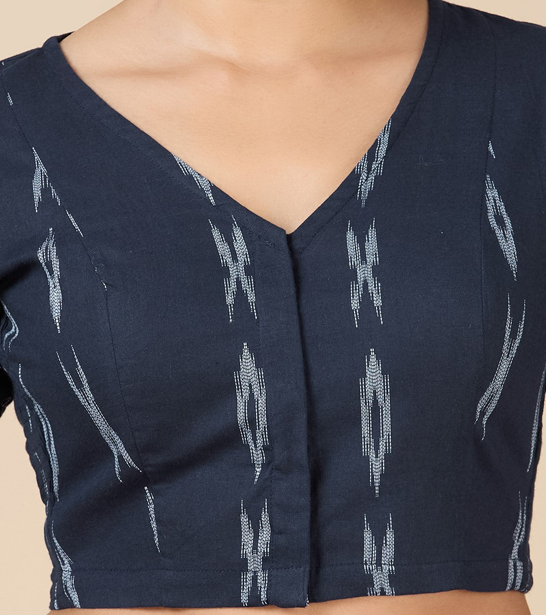 Studio Shringaar Women's Navy Blue Cotton Ikat Stretchable (Smocked) Readymade Saree Blouse(Design 2860)