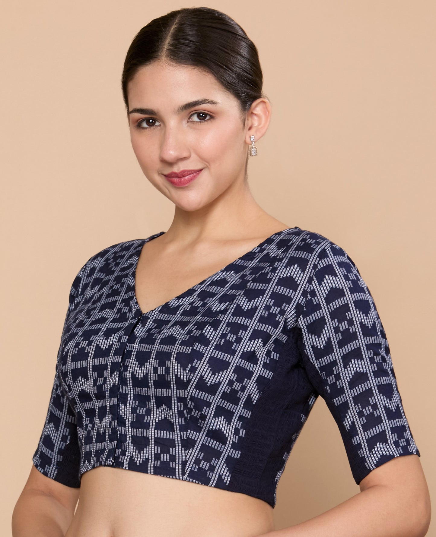 Studio Shringaar Women's Navy Blue Cotton Ikat Side Stretchable Saree Blouse(Design 2861)