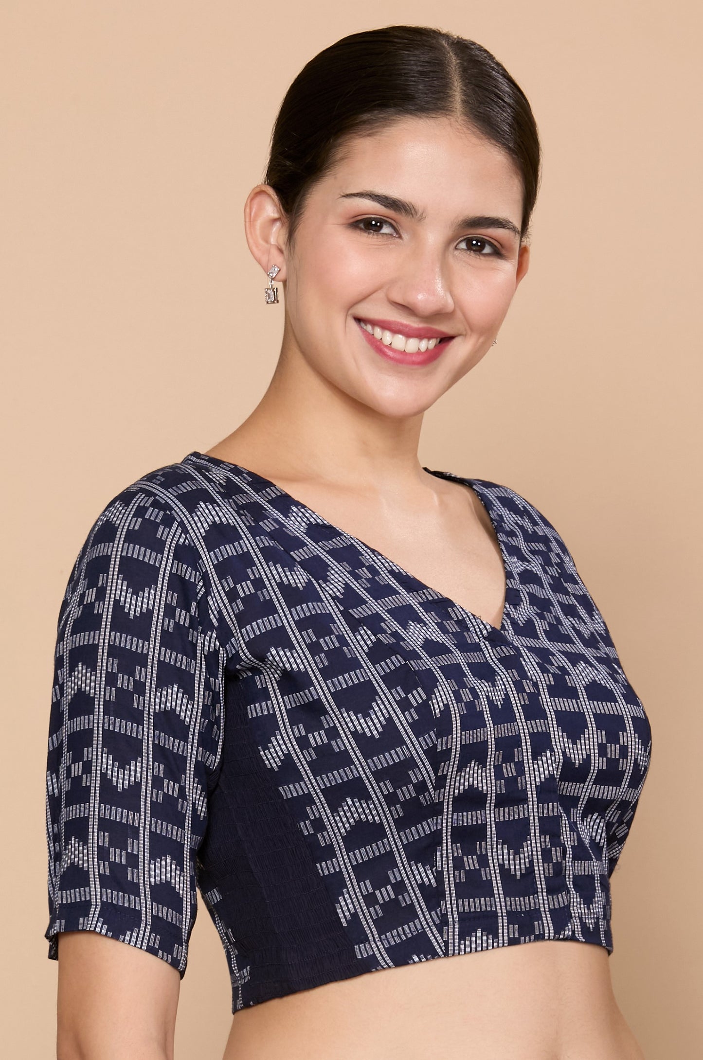 Studio Shringaar Women's Navy Blue Cotton Ikat Side Stretchable Saree Blouse(Design 2861)