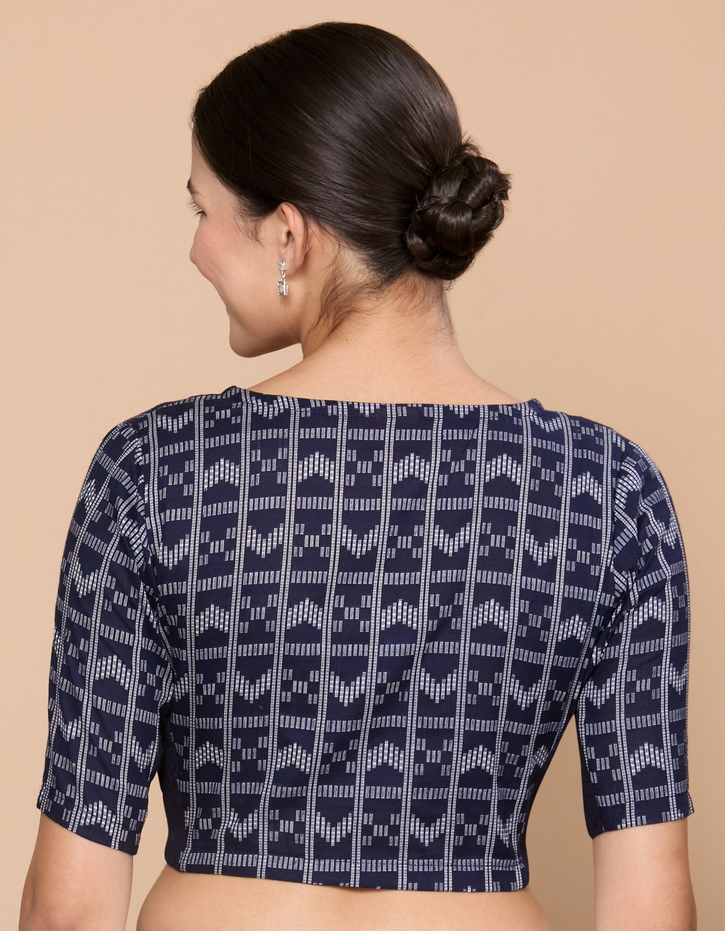 Studio Shringaar Women's Navy Blue Cotton Ikat Side Stretchable Saree Blouse(Design 2861)