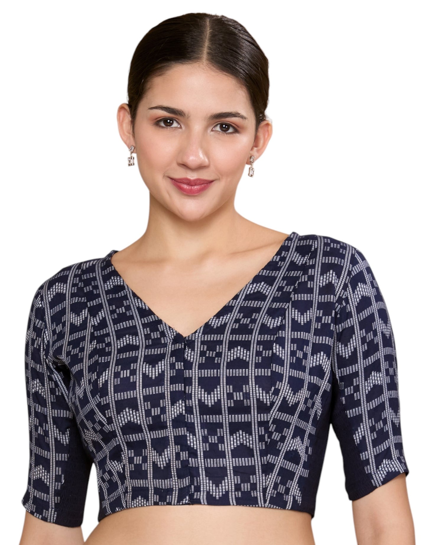 Studio Shringaar Women's Navy Blue Cotton Ikat Side Stretchable Saree Blouse(Design 2861)