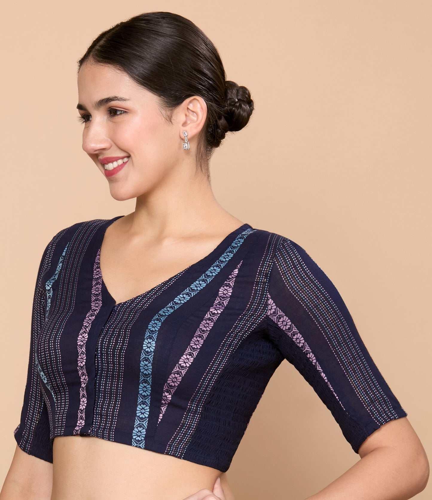 Studio Shringaar Women's Navy Blue Cotton Handloom Dobby Stretchable (Smocked) Saree Blouse (Design 2862)